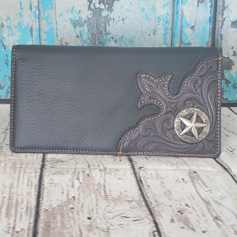 Tooled Genuine Leather Long Bi-Fold Wallet, Black